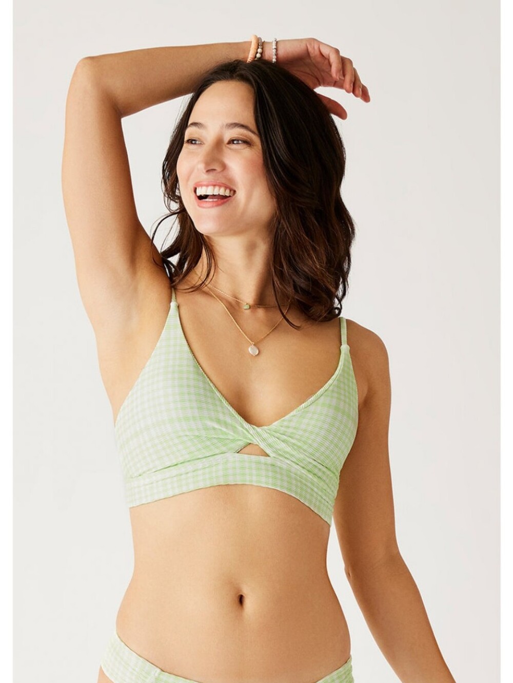 Carve Designs Green & White Spritz Texture Check Plaid Elba Bikini Swim Top